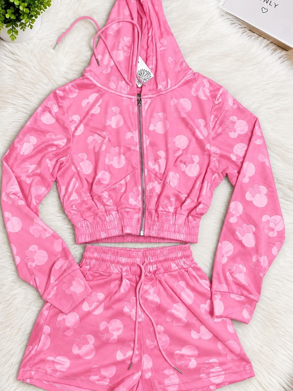 Pink Hooded Zip Crop Top & Shorts Set